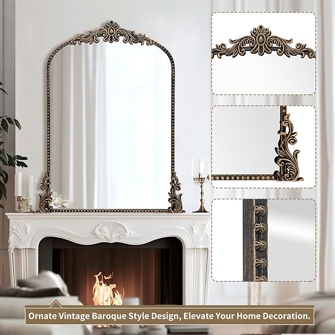 Growsun Vintage Black Arched Mirror, 24’’x36’’ Antique Baroque Ornate Wall Mirror Decor with Full Metal Frame for Fireplace/Entryway/Living Room/Bathroom