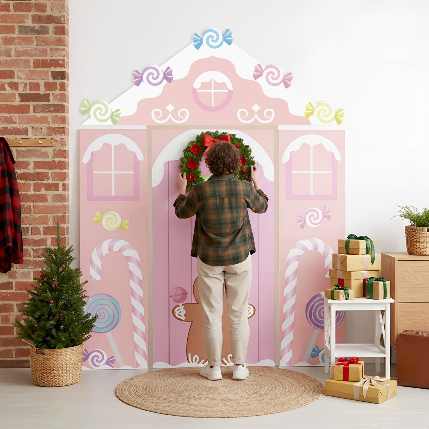 Hahafelt 4 Pcs Pastel Candy Christmas Gingerbread Door Covers Decoration Xmas Pink Gingerbread House Candy Door Backdrop Christmas Photo Booth Props Porch Sign for Holiday Classroom Home Party Decor