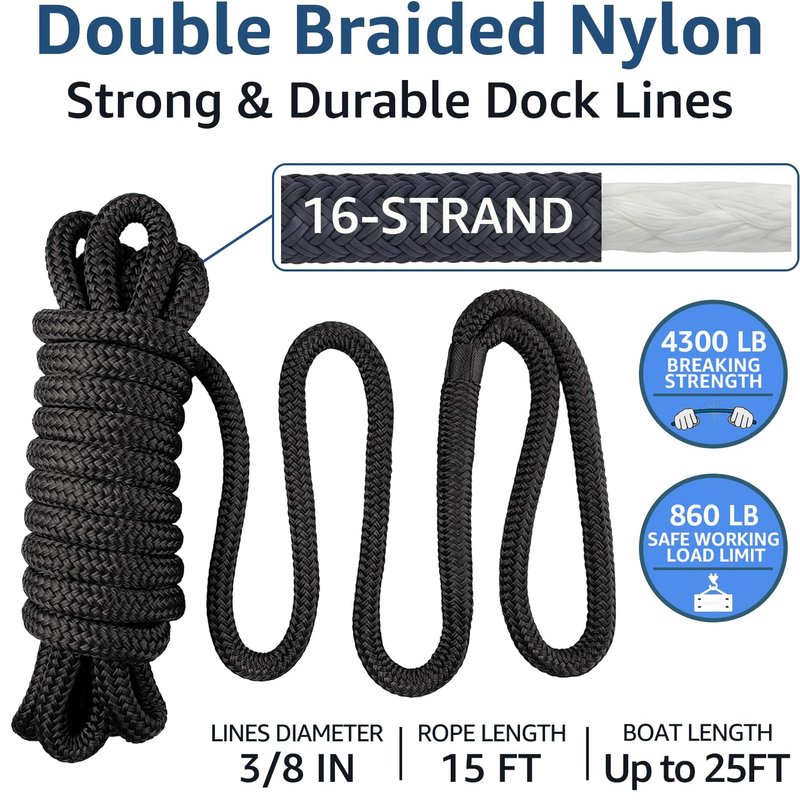 PACTHSD 4 Pack Dock Lines 3/8" x 15' - Marine Grade Nylon Boat Ropes with 12" Eyelet for Docking and Mooring - Double Braided Boat Lines, High Strength, Easy Handling, Fray Resistant - Black
