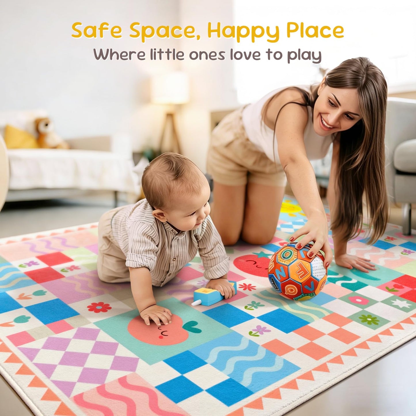 3x5 Washable Kid Bedroom Rug for Girls, Pink Baby Nursery Area Rug, Soft Non-Slip Toddler Playroom Carpet, Cute Colorful Strawberry Fruit Rainbow Checkered