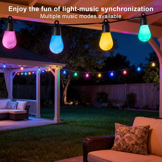 Outdoor String Lights 59FT Smart Patio Lights with APP Control, 18 LED Bulbs RGB IC Warm White, IP65 Waterproof Color Changing for Christmas, Patio, Backyard, Garden, Party, Holiday Decor
