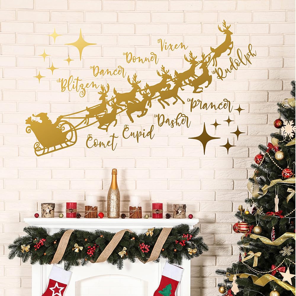 Christmas Wall Decal with Santa's Sleigh and Reindeer Names, 22.5 x 15.2 inches, Holiday Home Decoration (Gold) MC054