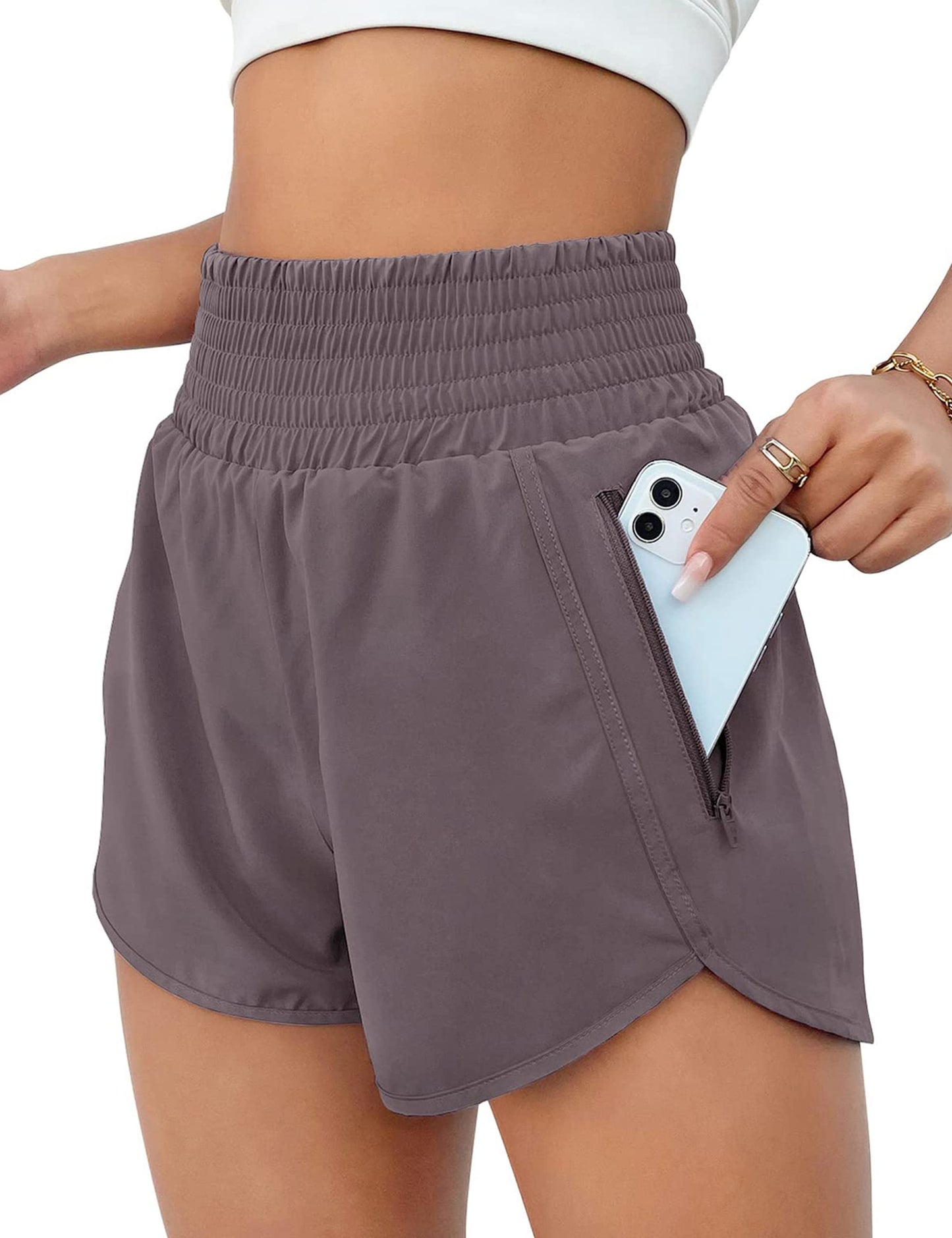 BMJL Women's Athletic Shorts High Waisted Running Short Pocket 2.5" Sporty Shorts Gym Elastic Workout Shorts(L,Coffee)