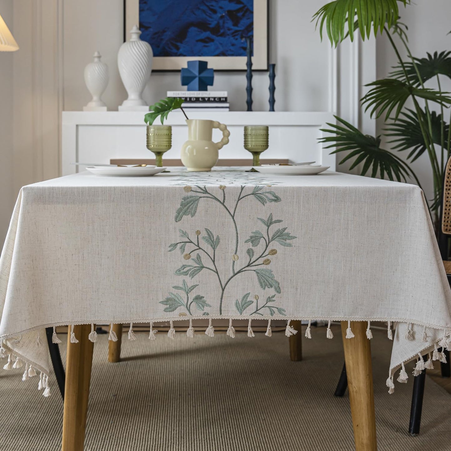 ColorBird Fabric Tablecloths for Rectangle Tables, 55x102 inch Washable Kitchen Table Cloth Rectangle, Green Leaves 8ft Tablecloth Burlap Table Cover for Dinning Picnic Party