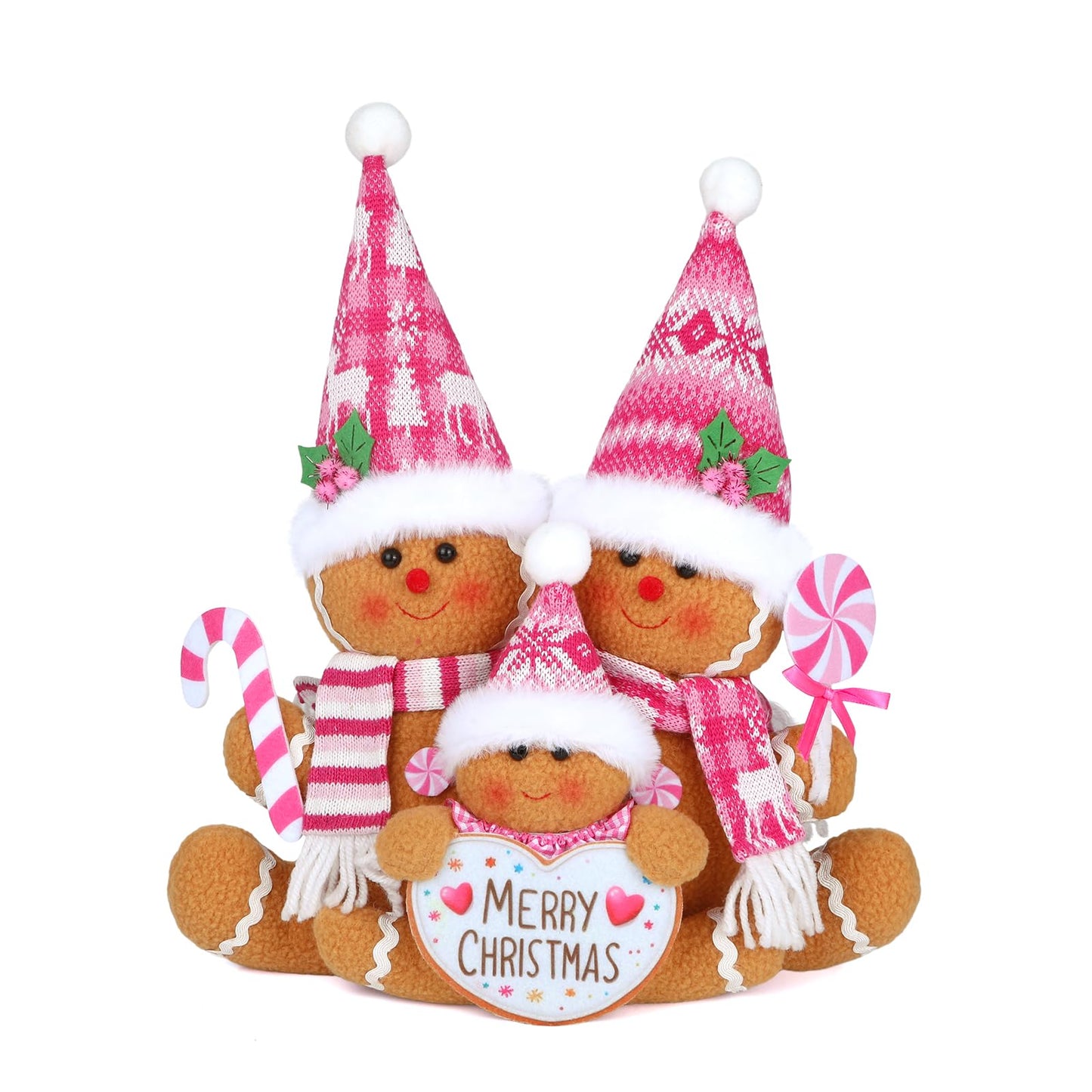 HMASYO Pink Gingerbread Family Christmas Gnome Decoration, 14 Inch Plush Gingerbread Candy Christmas Stuff Figurines for Home Fireplace Window Tabletop Tiered Tray Holiday Xmas Decor (Pink)