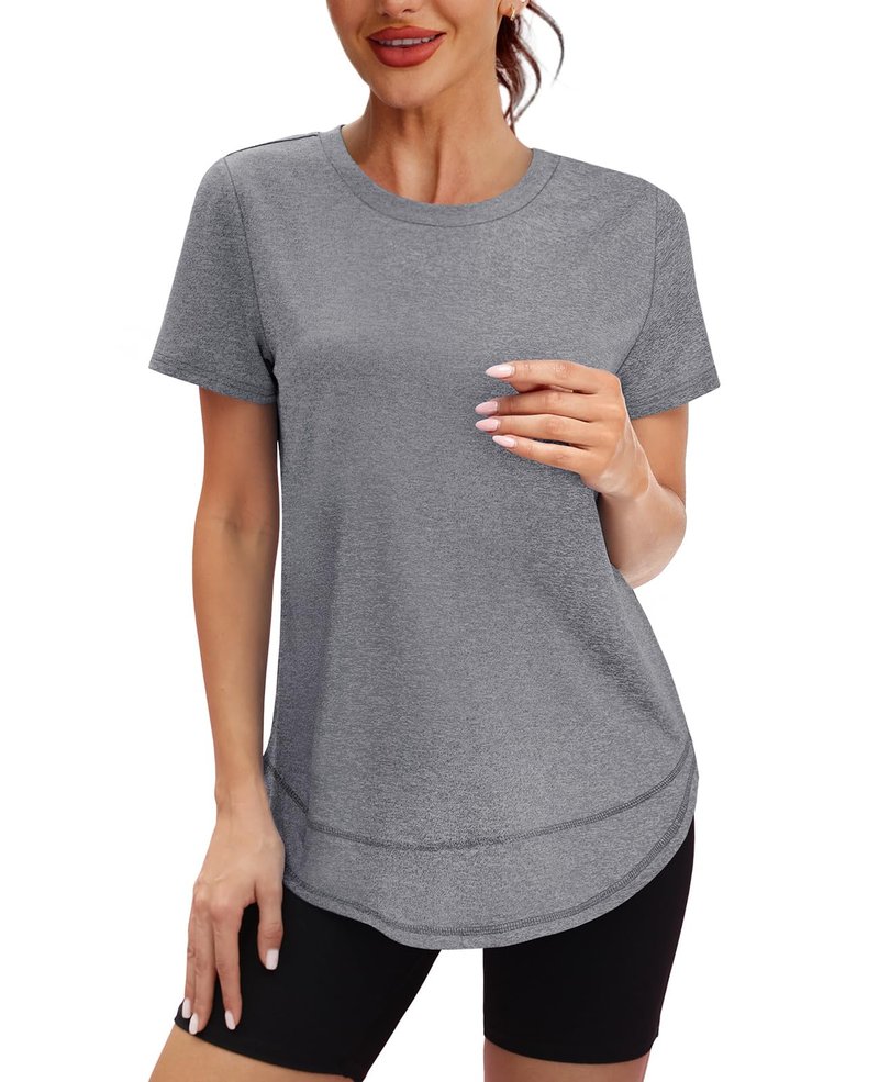 Summer Tops for Women 2026 Short Sleeve Workout Clothes Athletic Shirts Pilates Outfits Camisetas Deportivas para Mujer Grey L