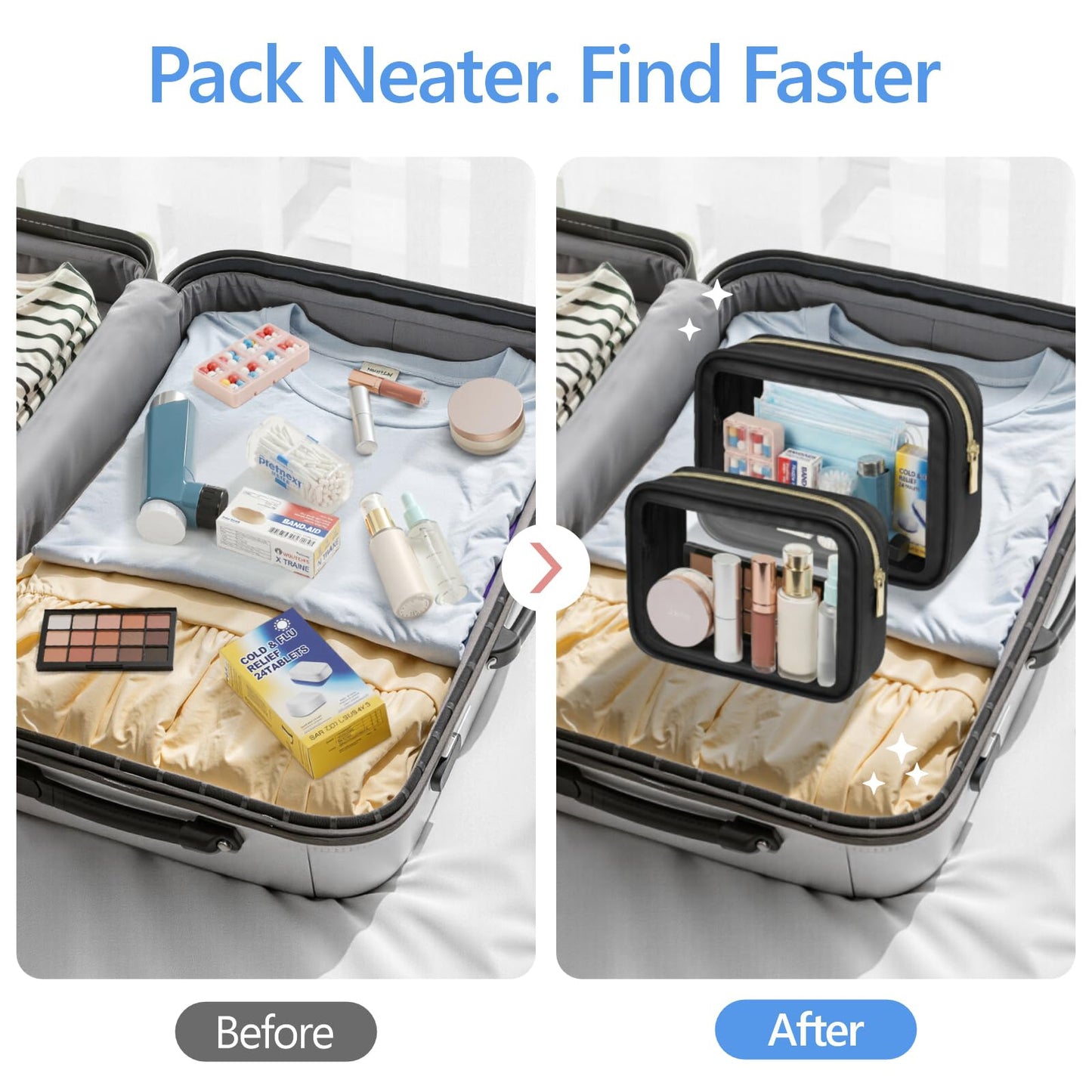 PACKISM 2 Pack Clear Makeup Bag Set (1 Large 1 Medium) - Foldable TSA Approved Toiletry Bag for Carry-on & Checked Luggage, Water Resistant Car Storage Organizer, Black