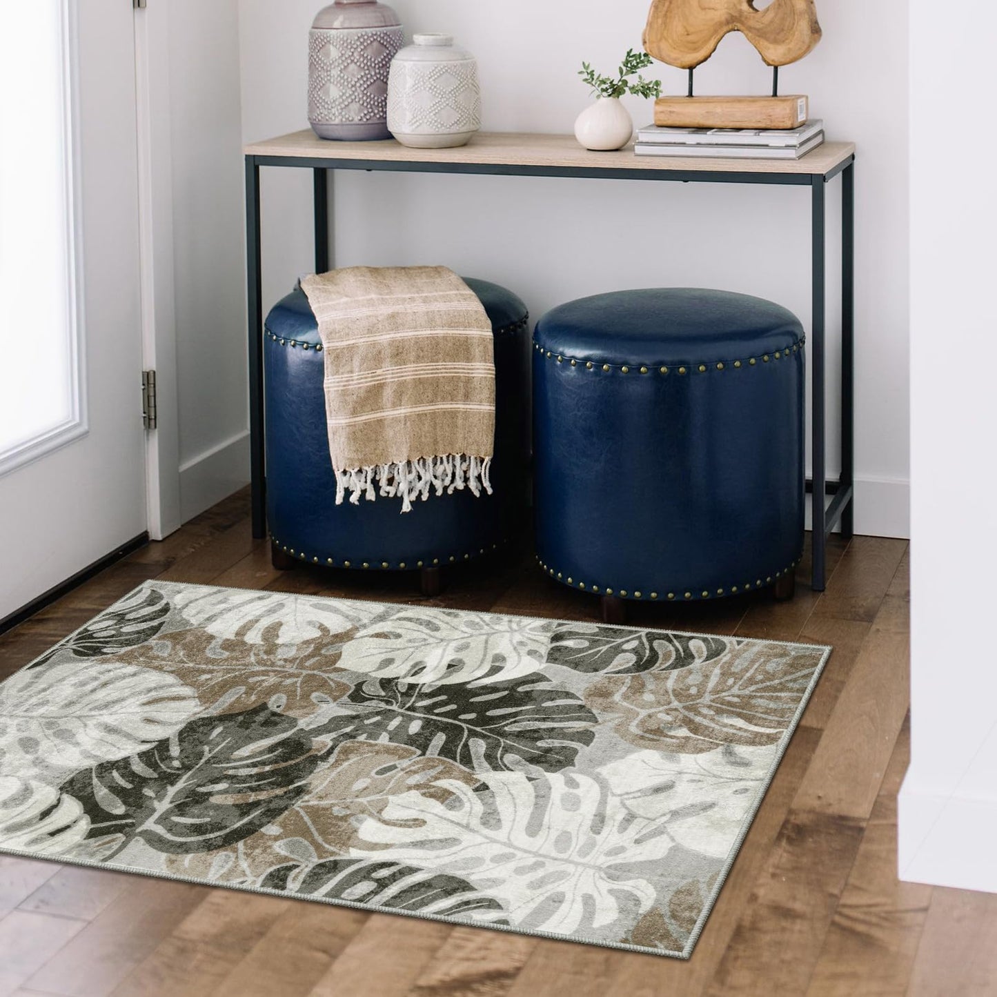 Wonnitar Tropical Washable Rugs 2x3, Non-Slip Leaf Rugs for Entryway Front Door Indoor Entrance, Monstera Plant Bath Mat Soft Low Pile Area Carpets for Bathroom Bedroom Decor, Khaki