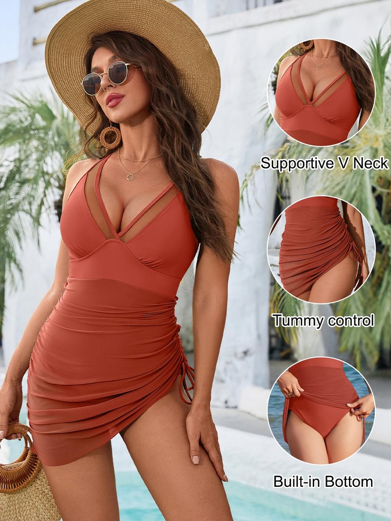 Blooming Jelly Women One Piece Swim Dress Tummy Control Swimsuits Slimming Mesh Sheer Bathing Suit (XXL, Brick Red)