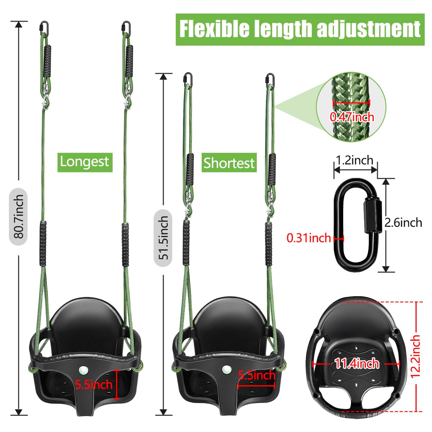 Dakzou Jungle Gym High Back Full Bucket Toddler Swing Seat Upgraded Heavy Duty with Finger Grip Chain Fully Assembled Swing Set Accessory，Black