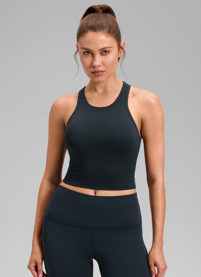 CRZ YOGA Seamless Ribbed High Neck Crop Tank Tops for Women - Longline Racerback Padded Sports Bras True Navy Medium