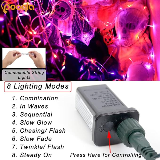 Pooqla Halloween Lights, 66 ft 200 LED Indoor Outdoor Halloween String Lights Plug in, Connectable 8 Modes Clear Wire Twinkle Fairy String Lights for Xmas Tree Decoration Clear wire, Orange and Purple