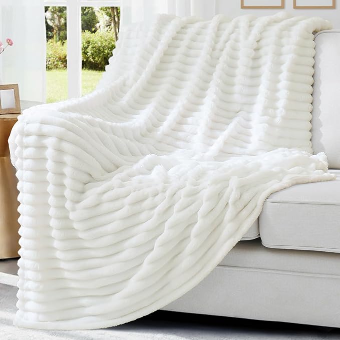 decorUhome Soft Fleece White Throw Blanket for Couch, Cozy Fluffy Plush Flannel Striped Blanket for Sofa Bed, Lightweight Decorative Ribbed Fuzzy Blanket for Woman, 50x60 Inches