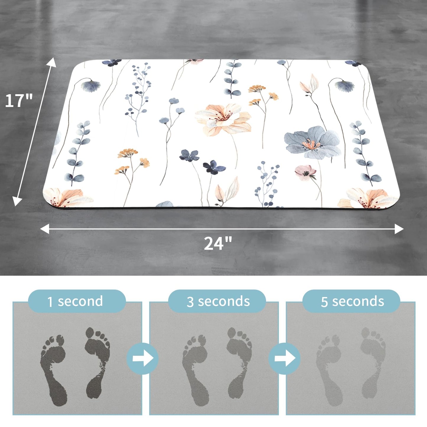 Gibelle Floral Bath Mat Rug (17"x24", Blue), 3 in 1 Shower Curtain Set, Blue Watercolor Floral Bath Curtain 72x72 and PEVA Liner Set with 12 Double Sided Steel Hooks