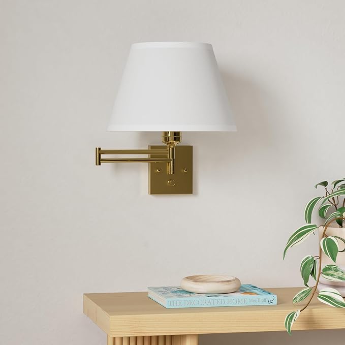 TRLIFE Remote Control Dimmable Wall Sconce, Adjustable Color Temperature 2700K-6500K Brushed Brass Swing Arm Wall Lights with Plug in Cord, 11.8" Large White Shade(2 Pack, 2 Bulbs)