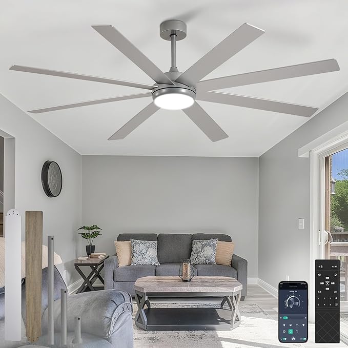 Depuley 66" Ceiling Fans with Lights: Large Indoor/Outdoor Ceiling Fan for Patios Living Room - 8 Blades Silver Dimmable Ceiling Fans with Remote APP Control Timer Reversible Quiet DC Motor 6 Speeds