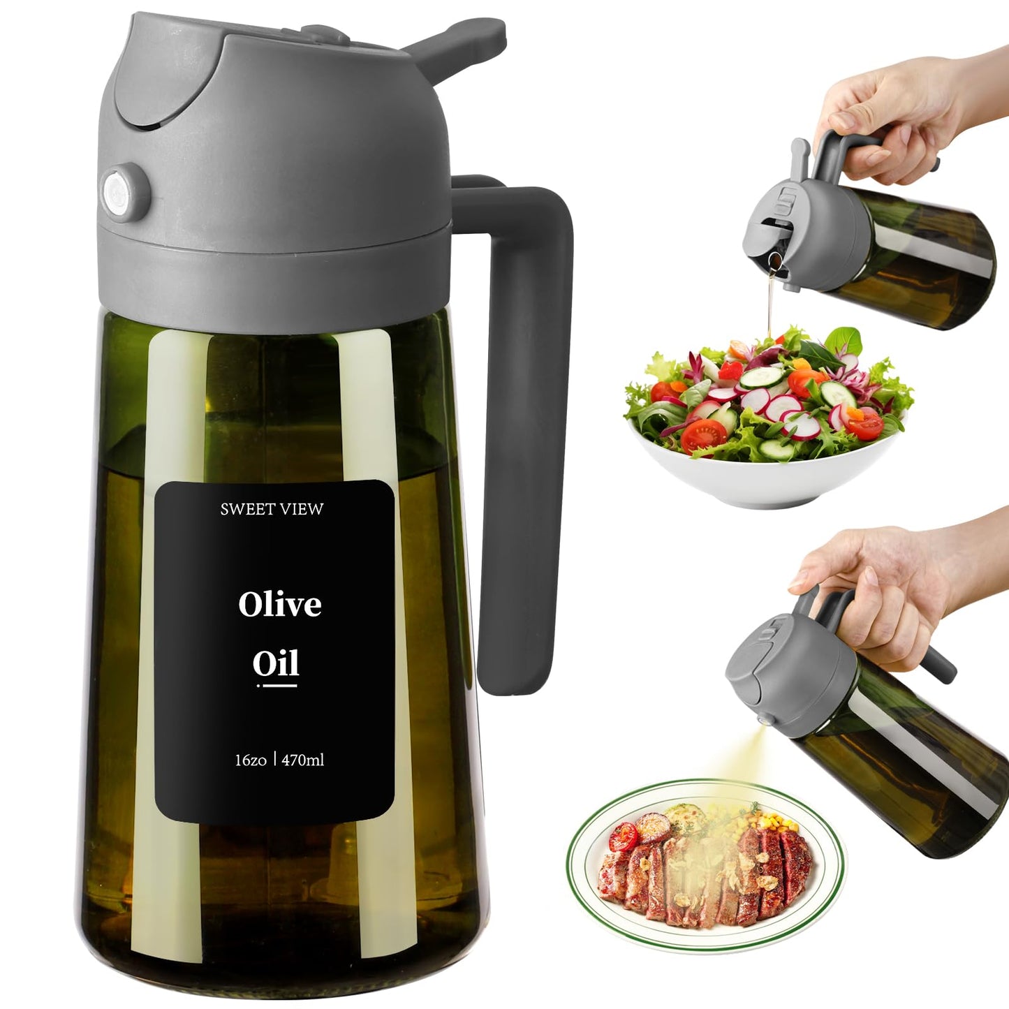 Olive Oil Dispenser and Oil Sprayer – 16oz/470ml Glass Light-Proof Oil Pourer for Kitchen, Air Fryer, Cooking, Salad, and BBQ