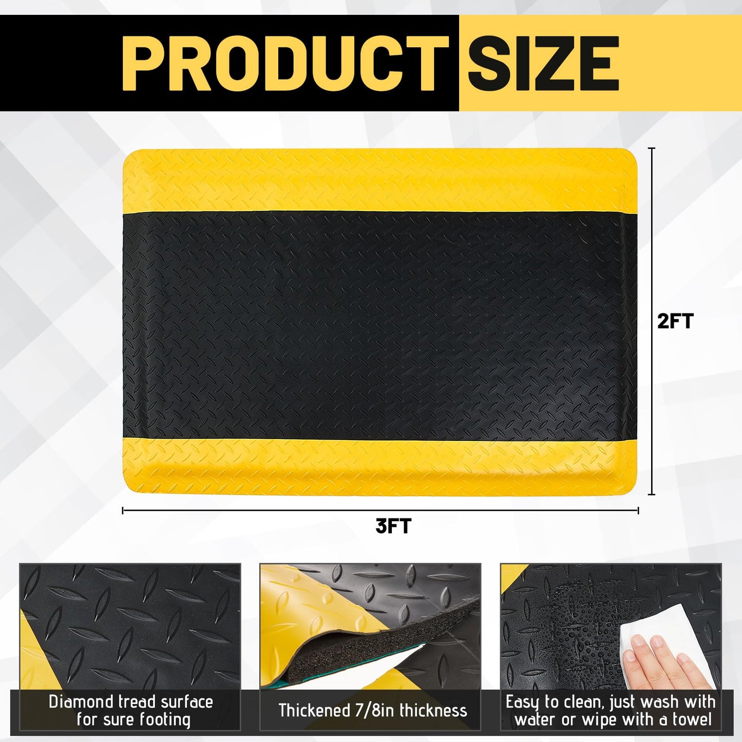Timgle Anti Fatigue Mats Industrial 2' x 3' Heavy Duty Commercial Grade Diamond Plate Vinyl Non Slip Safety Ergonomic Standing Floor Mat Black with Yellow Border 7/8 Inch Thick Sponge for Work Stand