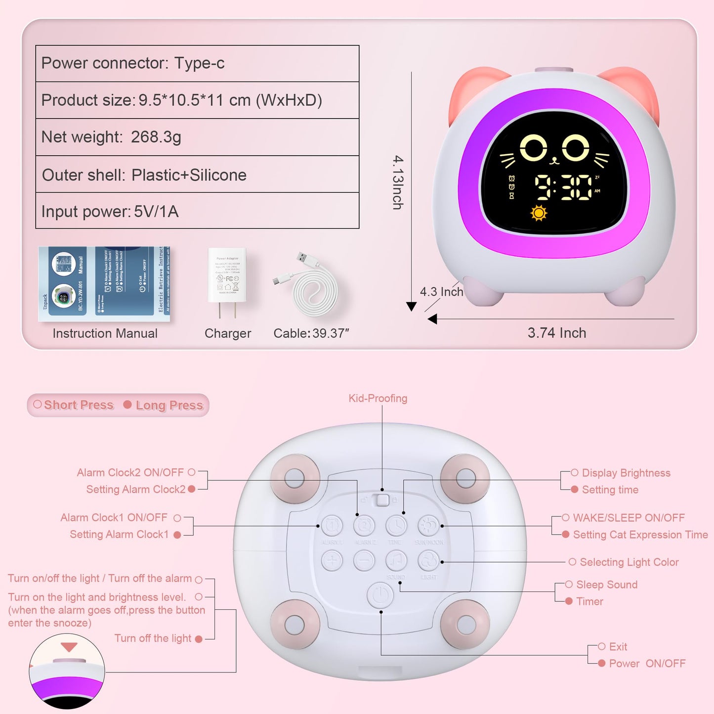 ANALOI Alarm Clock for Kids, Ok to Wake Clock for Kids with Eye Protection Sleep Training Auto Off Feature 10 Night Light Dual Alarm for Bedroom, Kids Alarm Clock Pink Cat Gifts for Girls