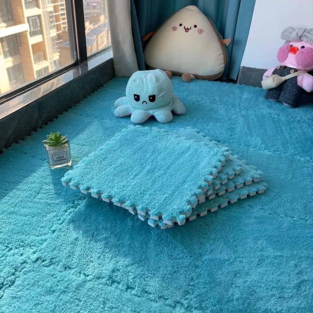 lmjclzyee 12 pcs Fluffy Soft EVA Foam Interlocking Carpet Shaggy Rugs Protective Floor Tiles Sport Play mats for Home Parlor, Bedroom, Children Kids Room (Blue)