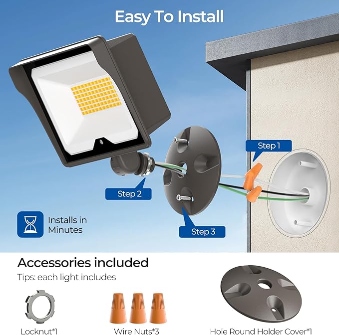 CINOTON 55W LED Flood Light 3CCT (3000K/4000K/5000K), 7700LM Dusk-to-Dawn Photocell Outdoor Security Lighting, 120V IP65 Aluminum Wall Pack for Porch/Barn, 180° Knuckle Mount, 2 Modes, ETL, 1 Pack
