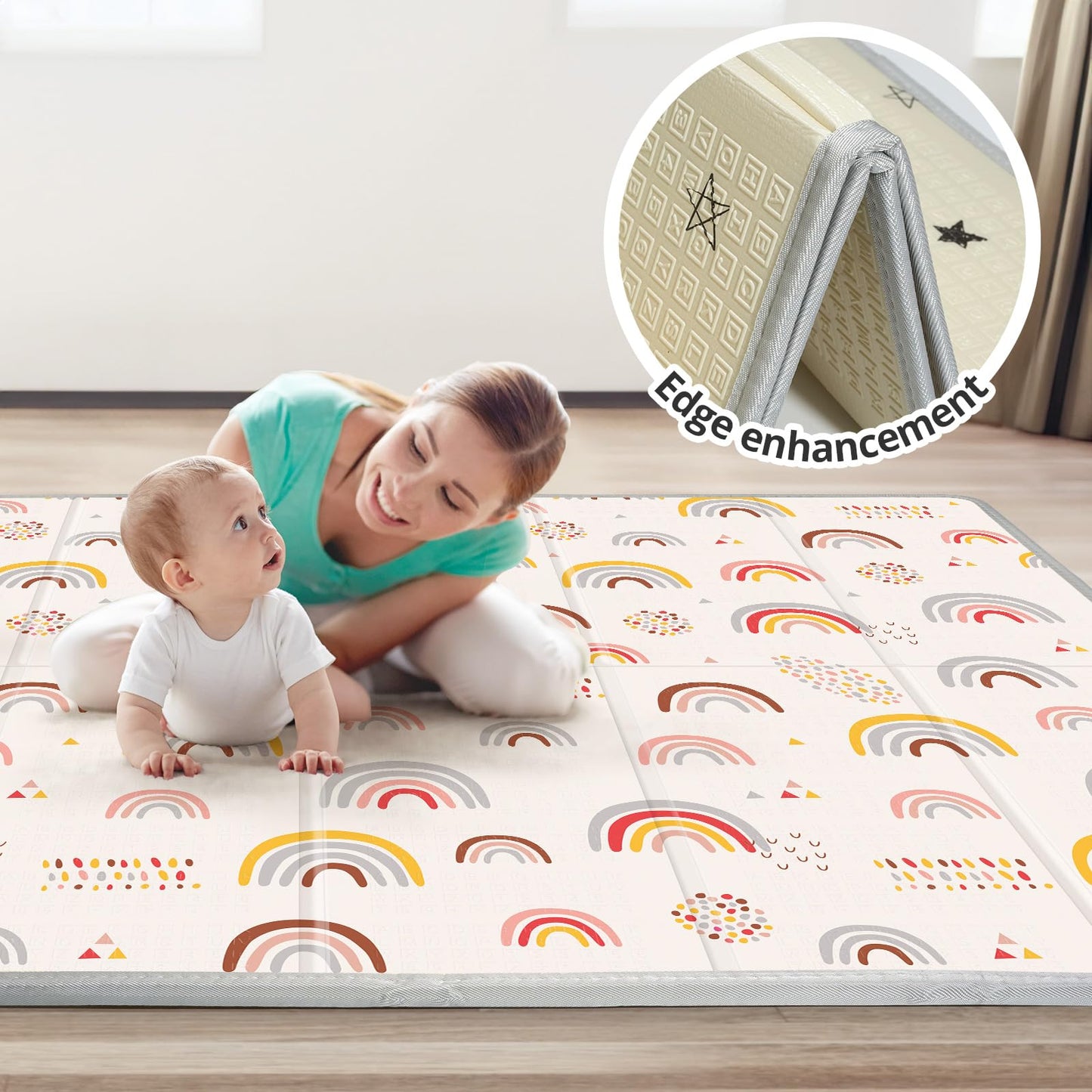 Foldable Baby Play Mat, PIGLOG Waterproof Playmats for Babies and Toddlers Kids, Safe Foam Playmat for Tummy Time, 50x50 Playpen Mat, Reversible Portable Baby Floor Mat for Infant, Toddler(Rainbow)