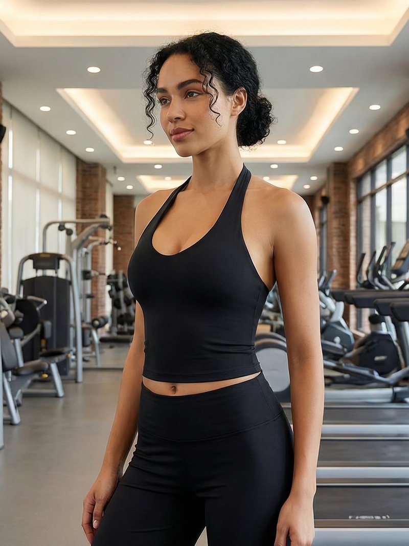 YEOREO CoreFlex Women's Halter Crop Top V Neck Workout Going Out Tank Top Padded Sleeveless Backless Trendy Summer Camisole Black Small