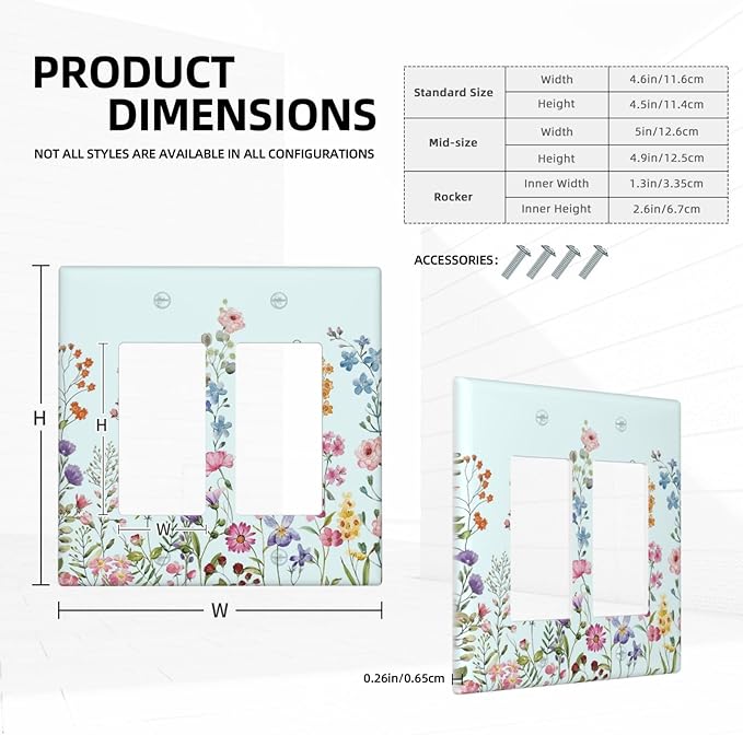 Rustic Wild Floral Vintage Blue Watercolor Flower 2 Gang Rocker Decora Light Switch Covers Decorative Unique Dual Outlet Covers Wall Plate Electrical Faceplate Switchplate GFCI for Bedroom