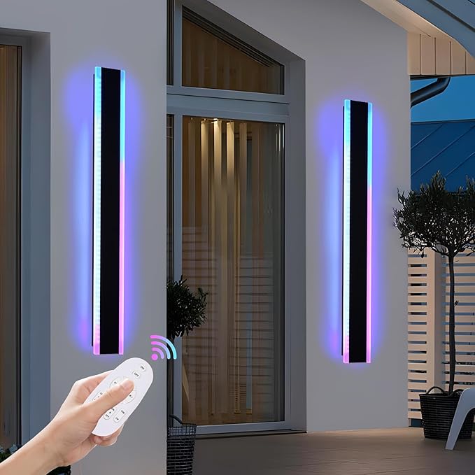 2 Pack Outdoor Led Wall Light, 48 inch Modern RGB Outdoor Wall Lights for Patio, Dimmable Exterior Long Linear Lighting, Wall Mounted Light Fixtures for Porch, Garage, Front Door