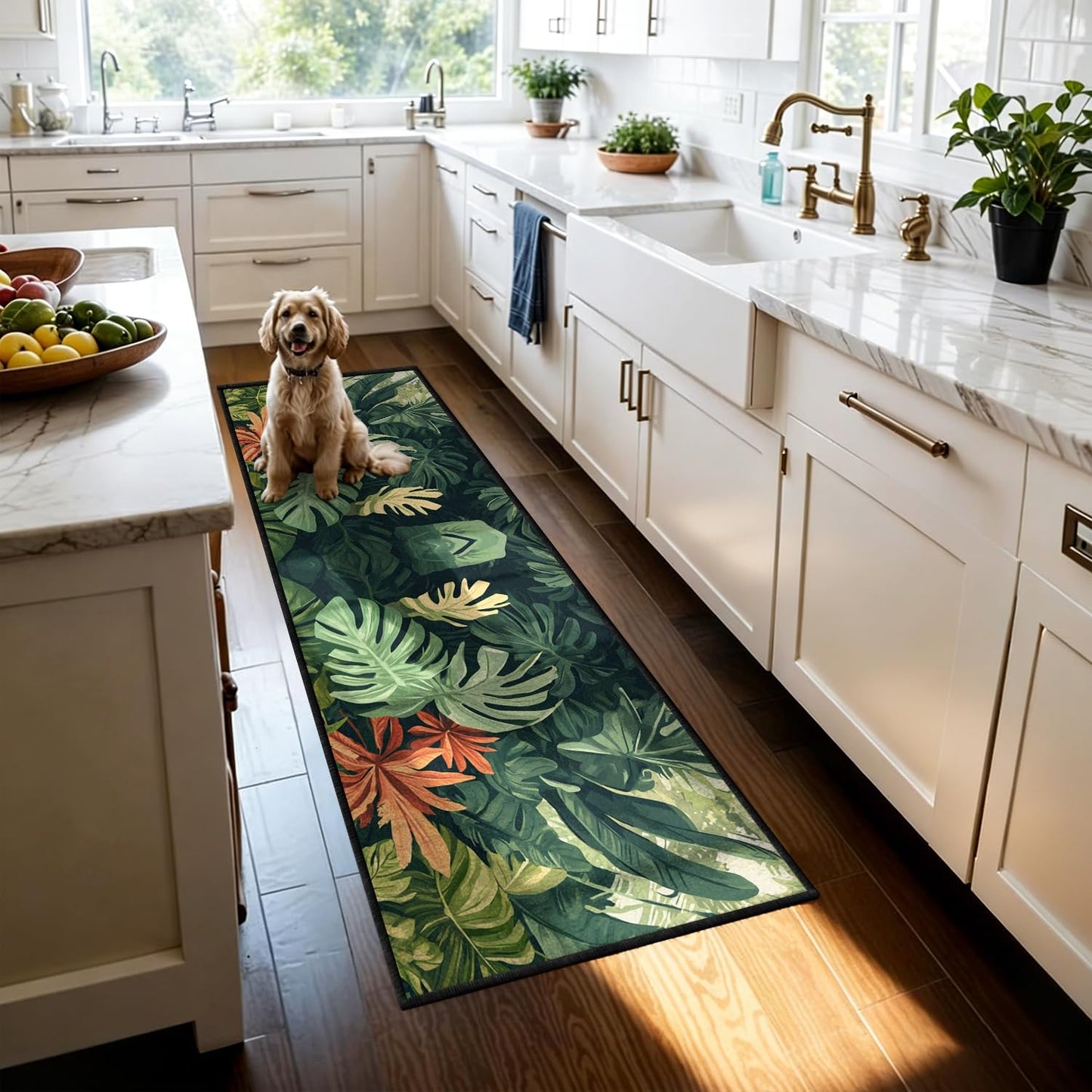 Tropical Leaves Runner Rug, 2x6ft, Hawaiian Bohemian Palm Leaf Monstera Plant Runner Hallway Rug, With Rubber Backing Green Leaf Soft Floor Rug for Bedroom Kitchen Dining Room Laundry Room - Green