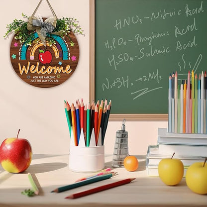 Teacher Classroom Door Sign Wooden Welcome Door Sign for Classroom Apple Star Flower Teacher Wreath for Classroom Door Rainbow Hanging Plaque Kids Classroom 12 inch