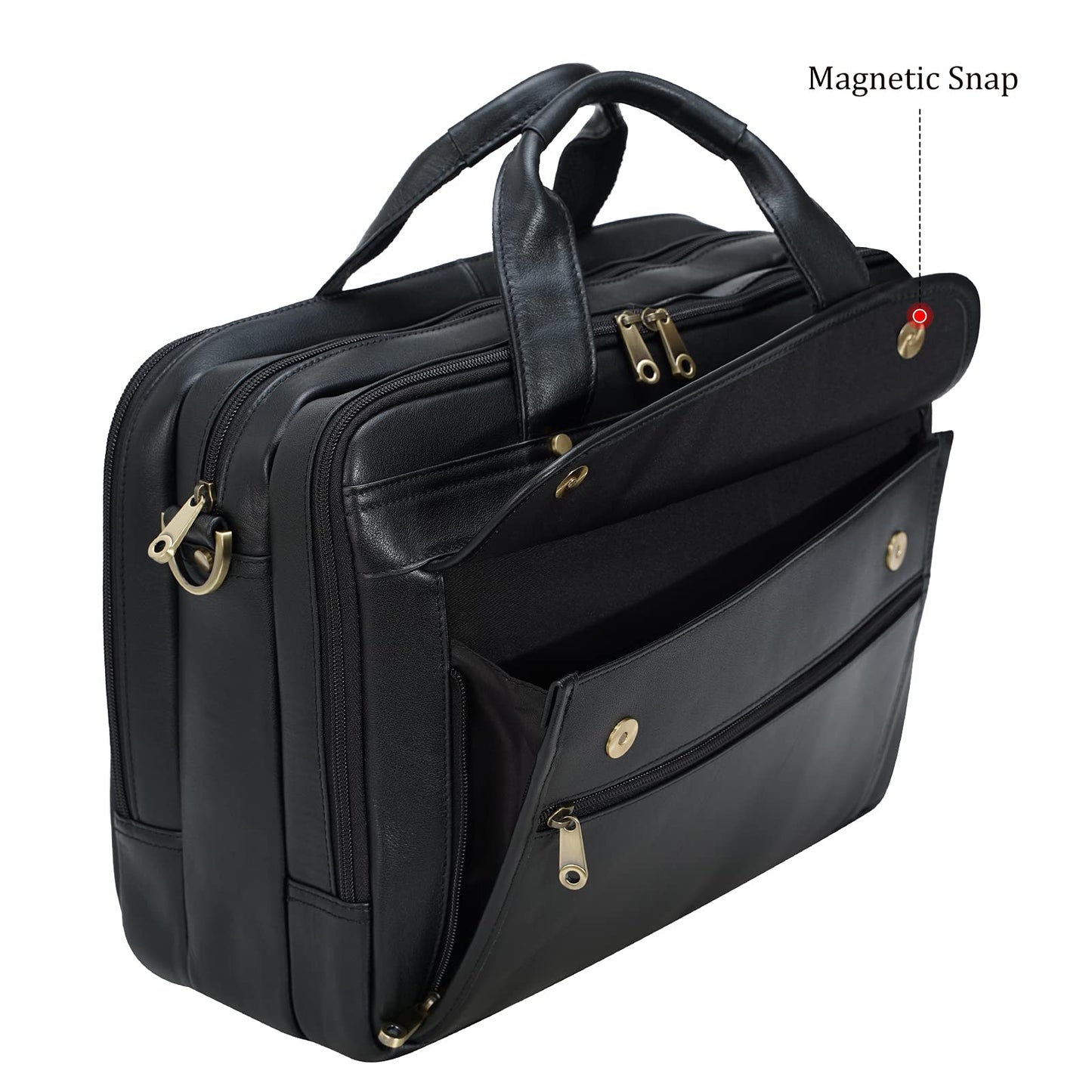 Polare Natural Napa Leather 16'' Black Business Briefcase Laptop Messenger Bag for Men with YKK Zippers