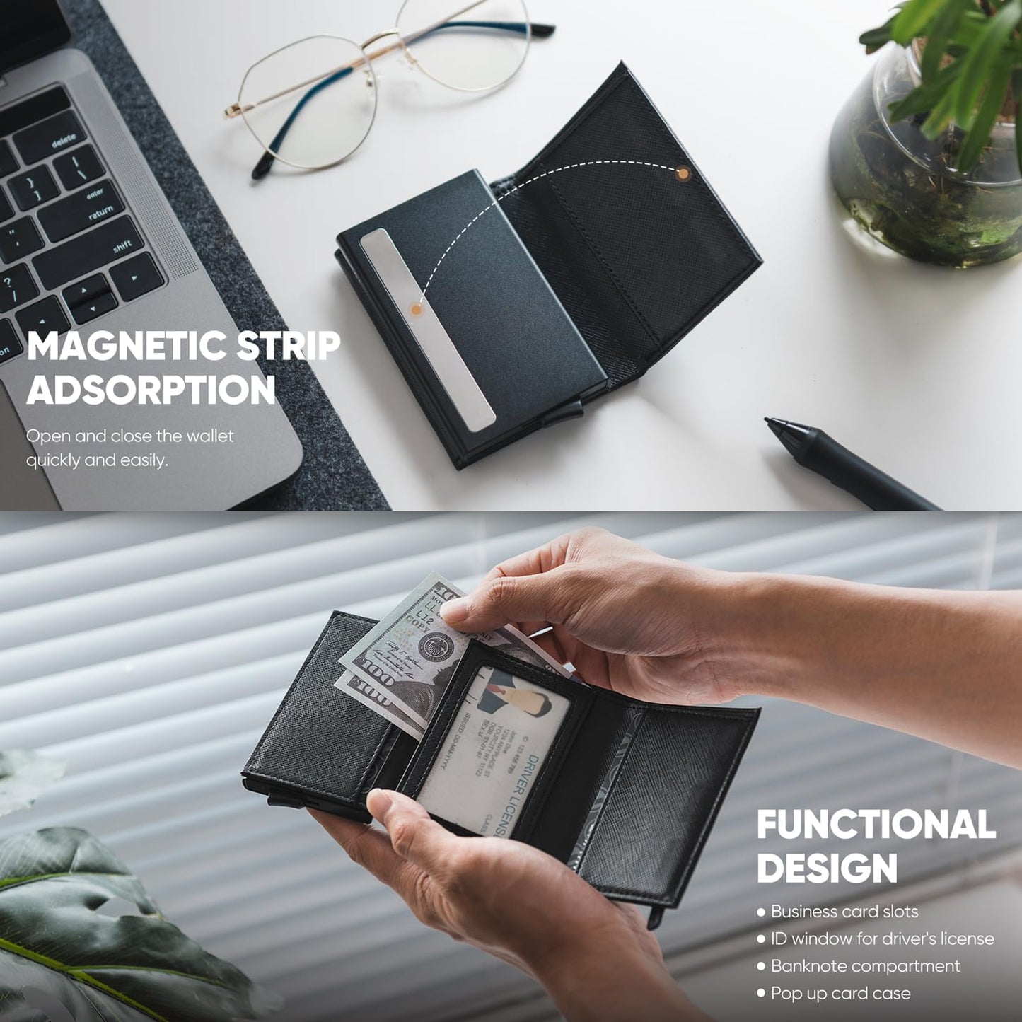 VULKIT Pop up Wallet Minimalist Cash Wallets RFID Blocking Leather Smart Credit Card Holder with Magnetic Closure for Men (Cross Black)