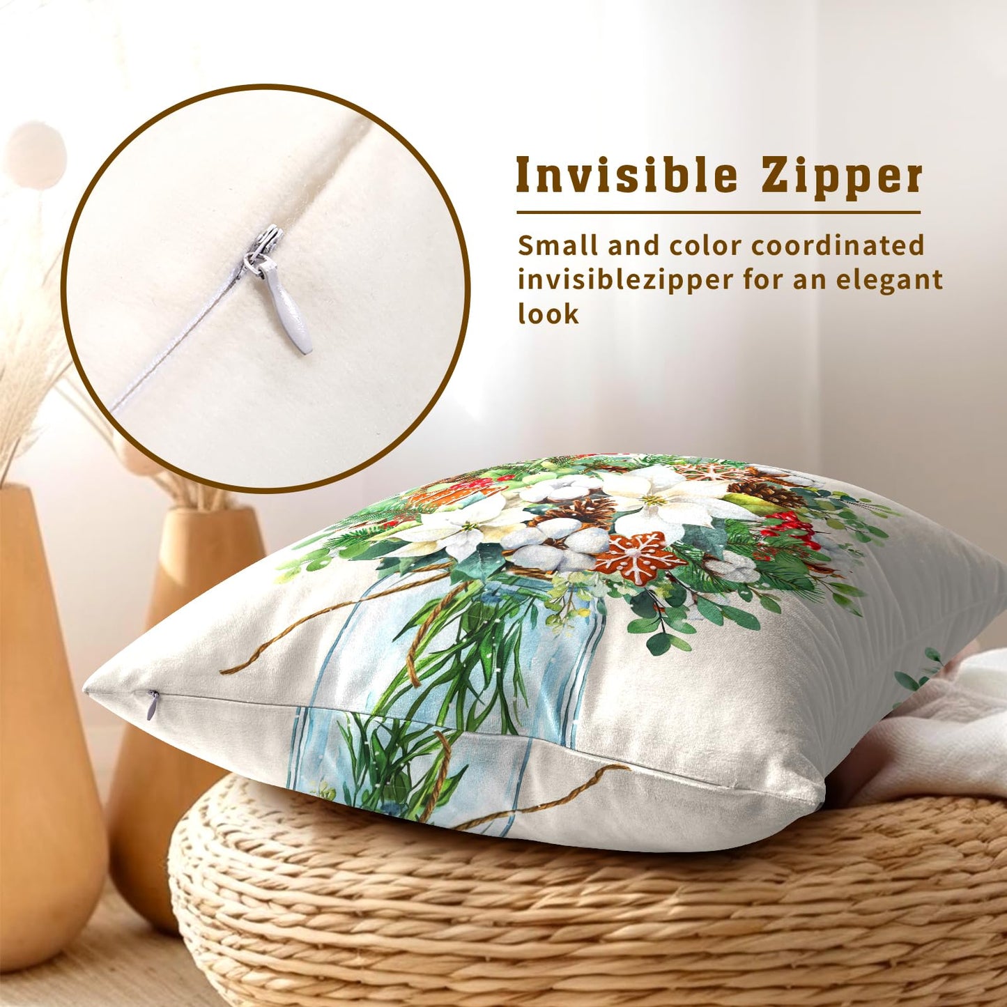 Winter Floral Bouquet Throw Pillow Covers 18x18 Inch 2 Packs Christma Poinsettias Pinecones Pillowcase Holly Berries Eucalyptus Mason Jar Farmhouse Cotton Square Cushion Case for Home Sofa Bedroom