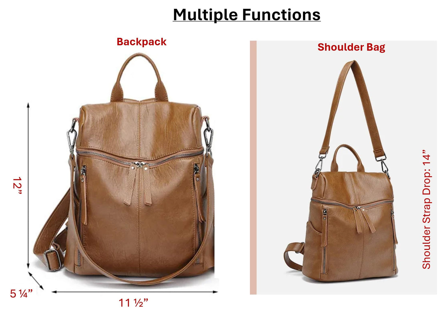 AurexaFashion Genuine Cow Leather Backpack Shoulder Handbag Bag for Women, Top Handle & 2 Detachable Straps- Brown