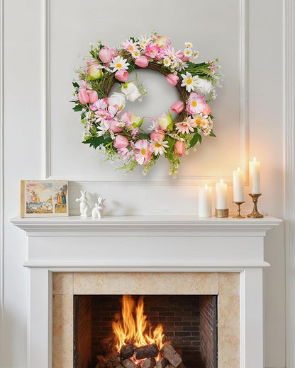 Spring Summer Wreath for Front Door 20”, Artificial Flower Door Wreath with Pink White Roses Tulip Dasiy Wreaths with Hook for Windows Wall Deco Indoor Outdoor