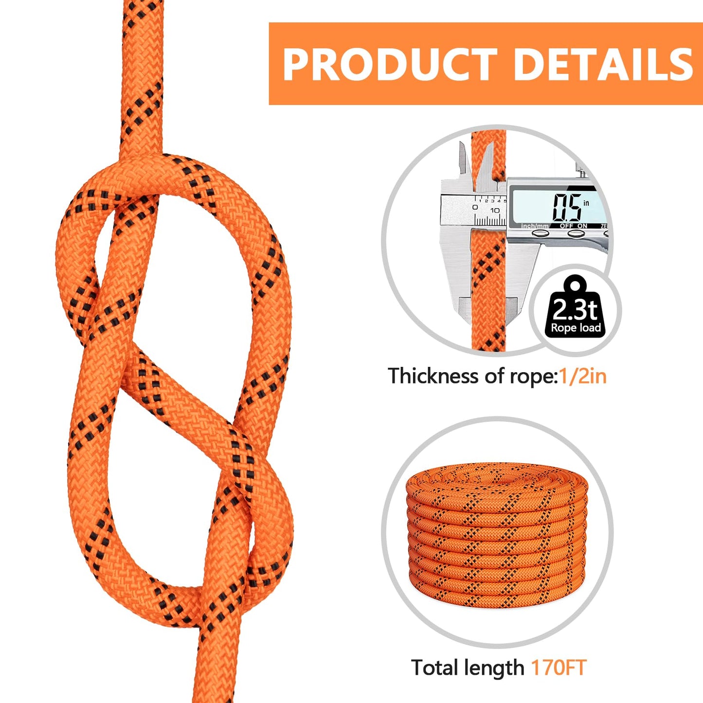 X XBEN Braided Polyester Arborist Rope 1/2 inch X 170ft, 48 Strands, 12 Inner core,5174 LBS Breaking Strength Outdoor Rope, Arborist Rigging Rope for Rock Hiking Camping Swing Tree Rescue,Orange