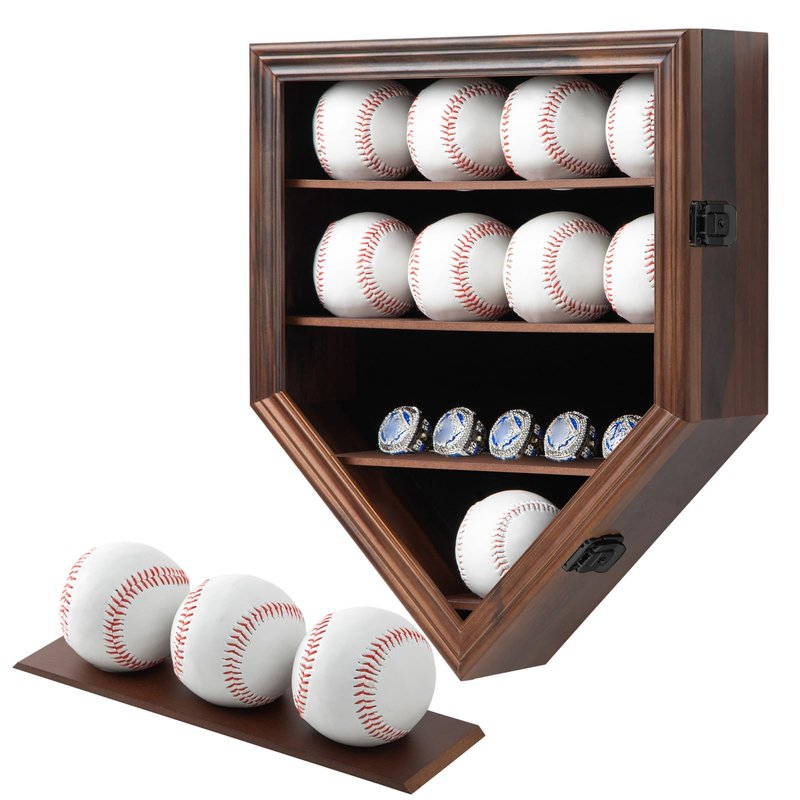 Grintus Baseball Display Case Real Glass-Solid Wood Baseball Holders for Balls and Championship Ring Display Wall Mount with Lockable Door for Autograph Balls Collection (Walnut)