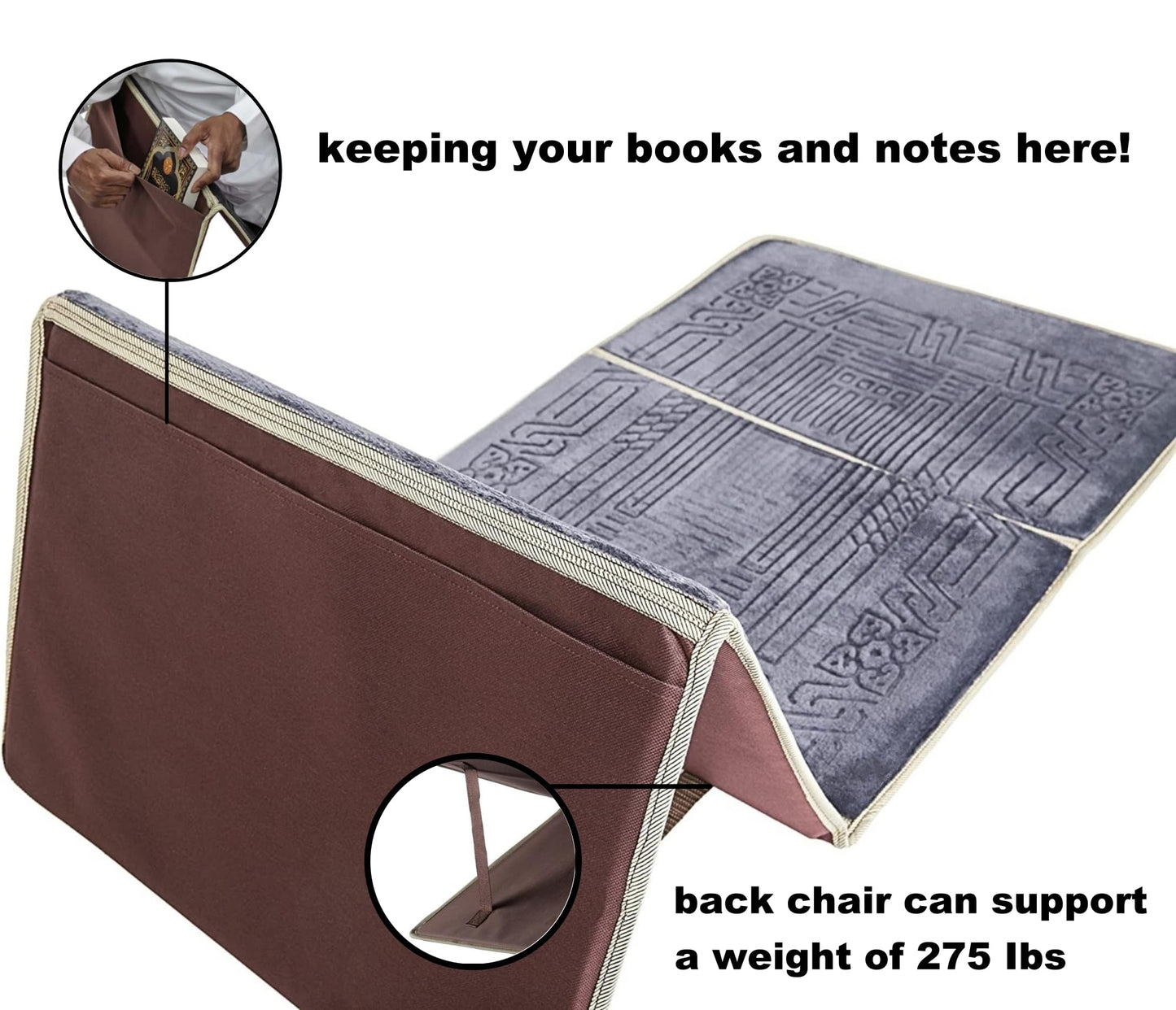 L.FORY Prayer Rug with Back Support/Foldable Meditation Floor Chair & Carrying Pocket (Gray)