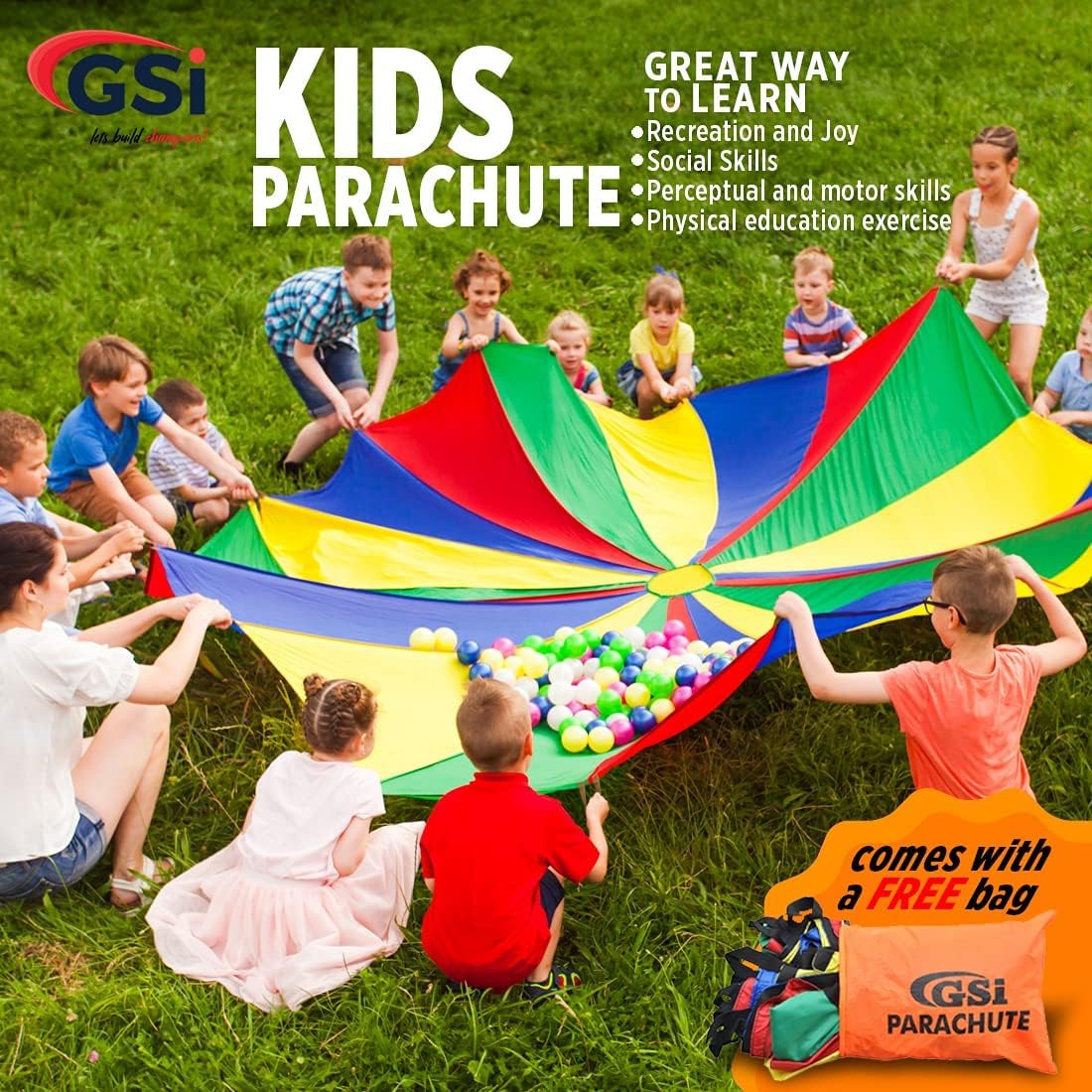 GSi Kids Play Parachute Rainbow Parachute Toy Tent Game for Kids Gymnastics Cooperative Play and Outdoor Playground Activities (6 Feet)