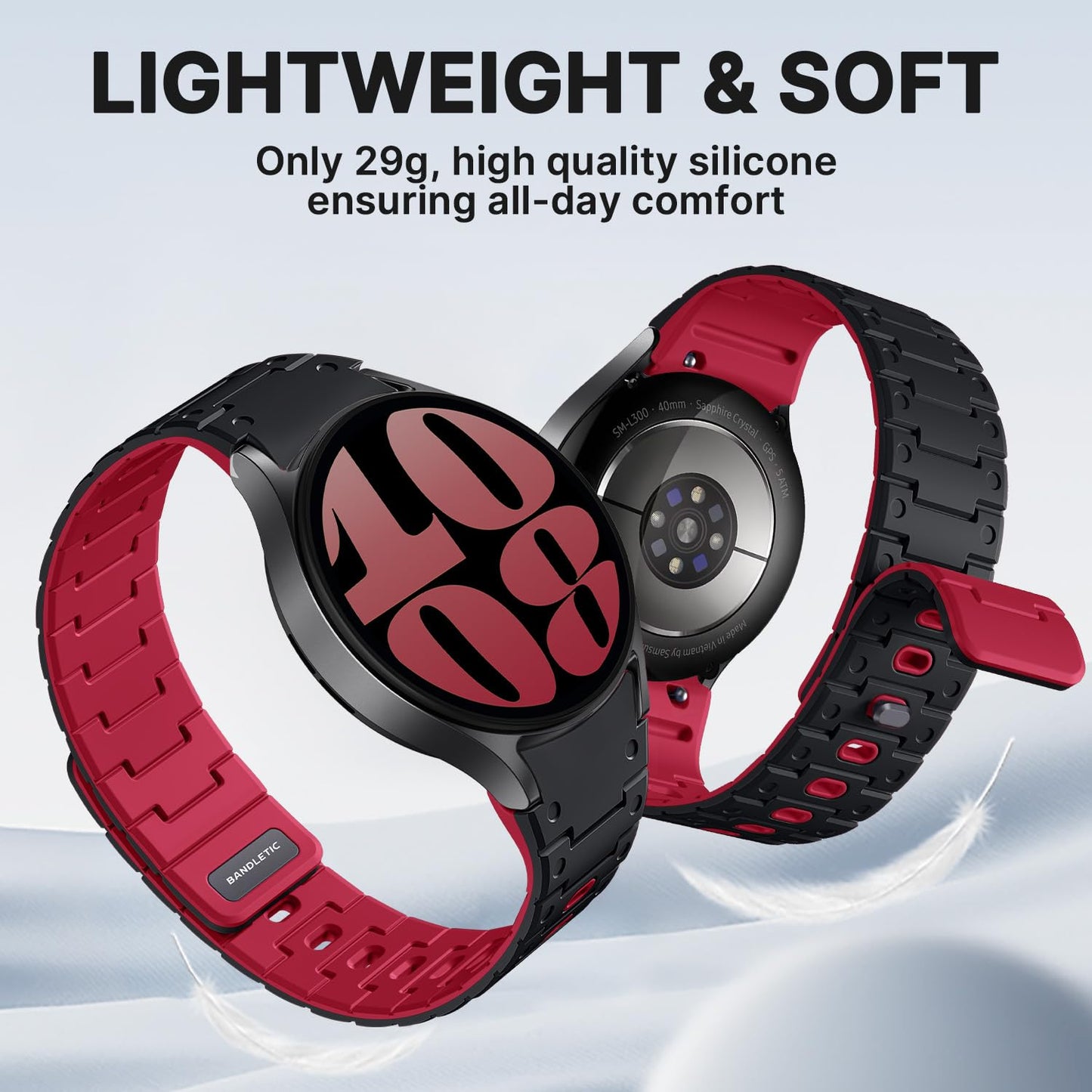 Bandletic Silicone Magnetic Band Compatible with Samsung Galaxy Watch 7 6 5 4 FE 40mm 44mm/Watch 6 4 Classic 43mm 47mm 42mm 46mm/Watch 5 Pro 45mm, 20mm No Gap Soft Sport Strap for Men Women