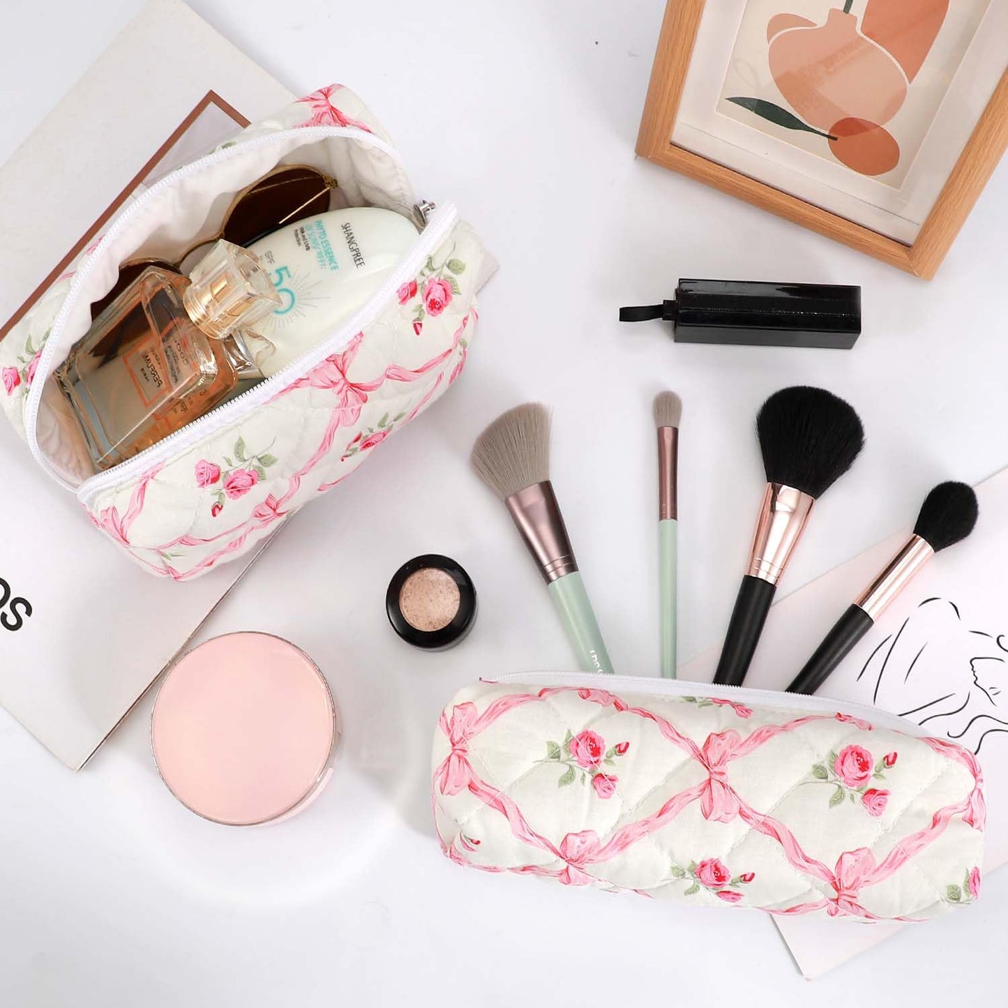 EIMMBD Makeup Bags 3 Pieces Large Capacity Floral Cosmetic Bag Travel Toiletry Bag Organizer Cute Makeup Bag Pouch Storage Bag for Women(Pink Floral)