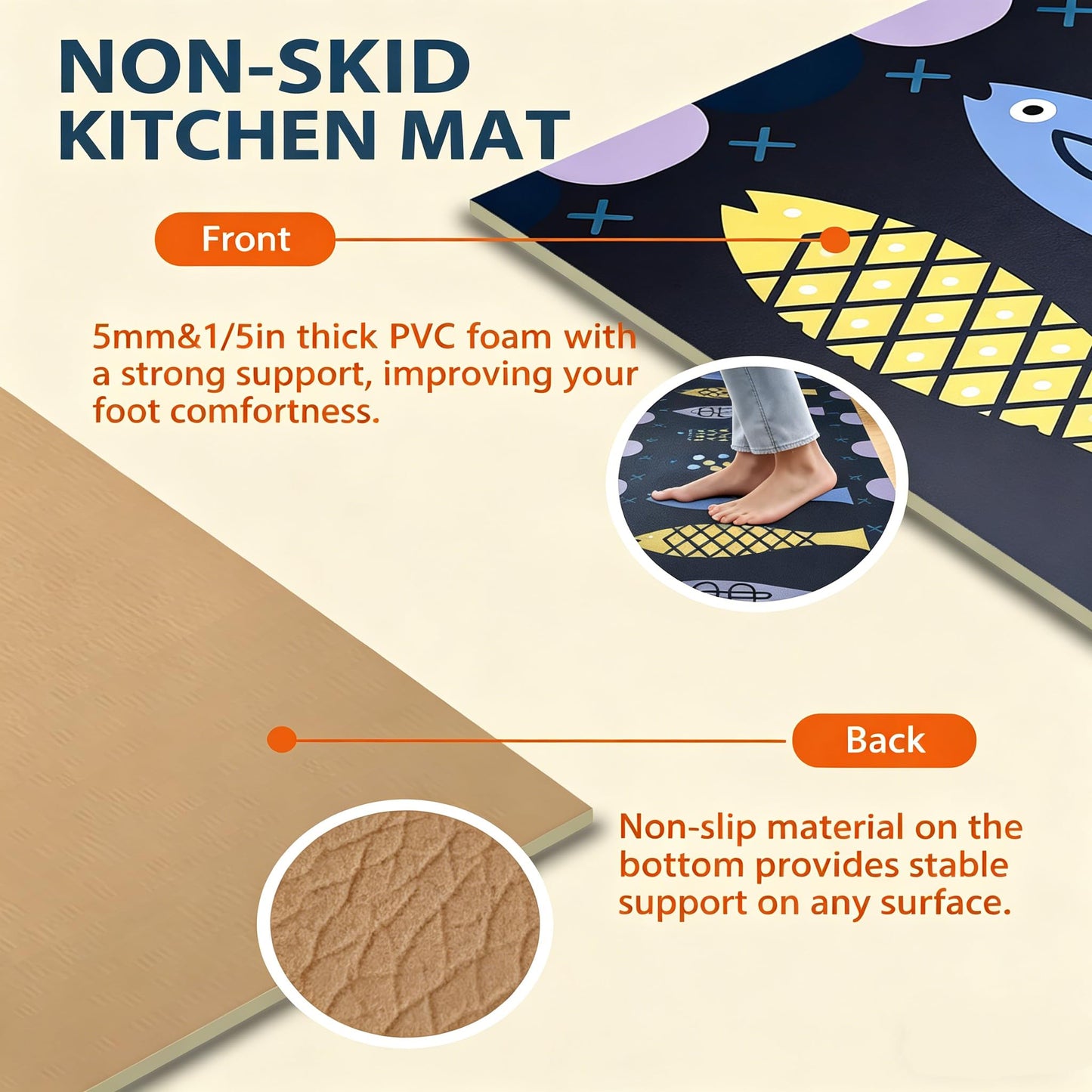 CHKYUZEN PVC Foam Anti Fatigue Printed Kitchen Mat and Rug, Foot Comfort, Anti Slip, Stain Release, Set of 2pcs (17"x30" & 17" x47), (2pc Set, Fish Design)