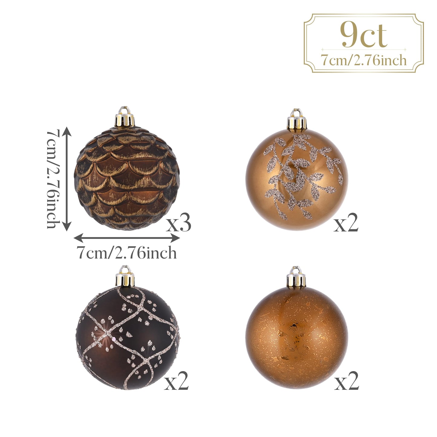 Valery Madelyn Christmas Ornaments Set, 9ct 2.76 Inches Brown Copper Gold Shatterproof Christmas Tree Decorations, Woodland Bronze Hanging Ball Bulk for Xmas Holiday Party Decor