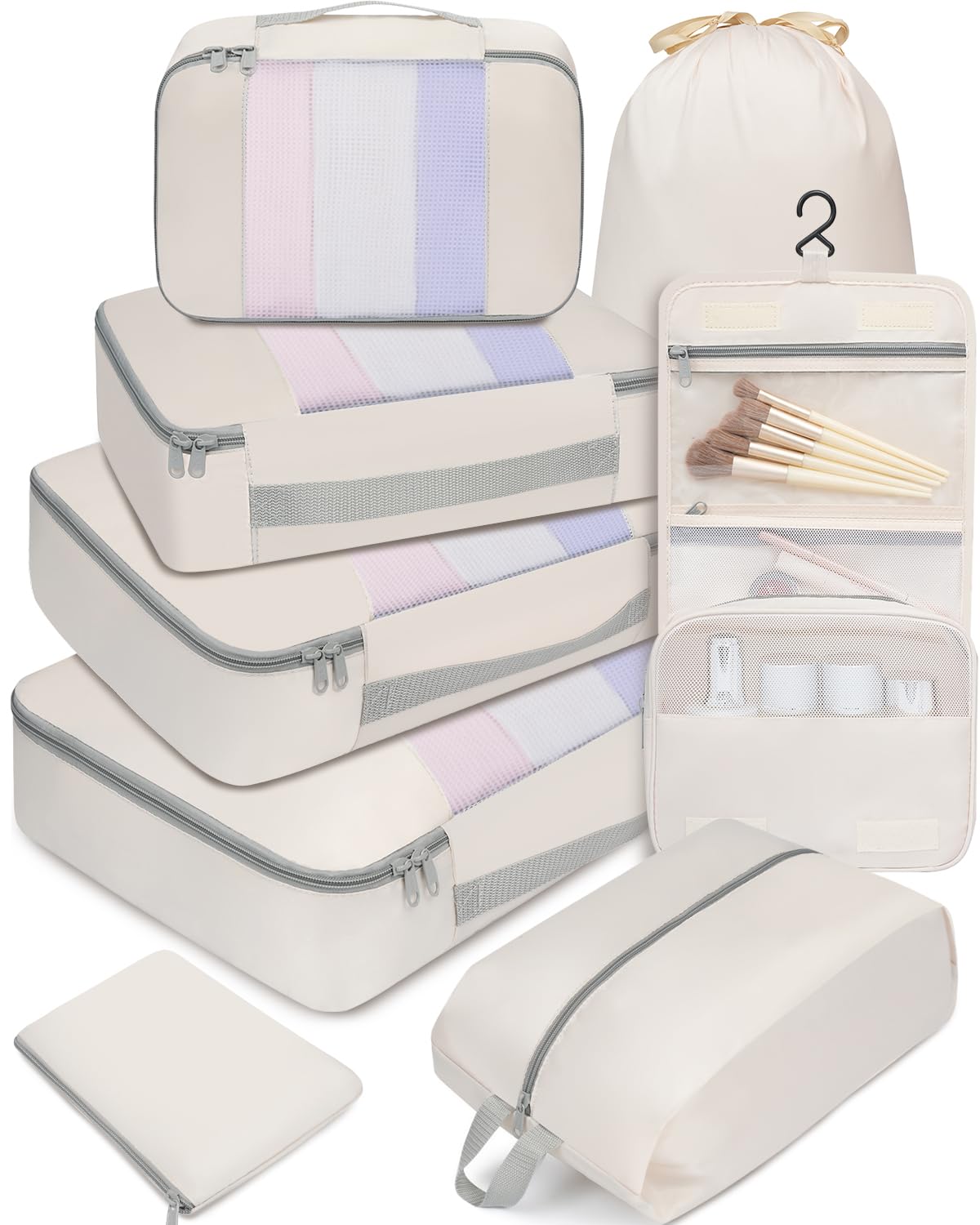 BAGAIL 8 Set Packing Cubes Various Sizes Packing Organizer for Travel Accessories Luggage Carry On Suitcase-Beige