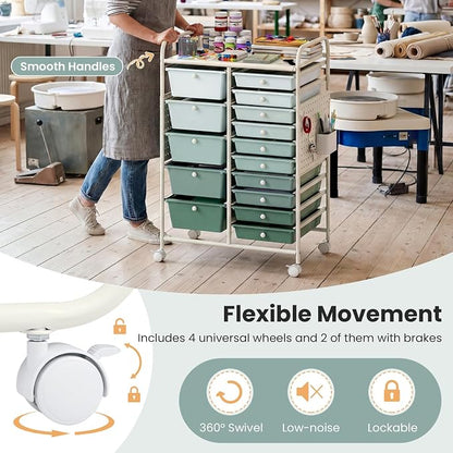 Giantex 15 Drawer Storage Cart, Rolling Craft Cart with Metal Tabletop & Pegboard, Mobile Utility Organizer Trolley with Locking Wheels, Home Office, Green Gradient