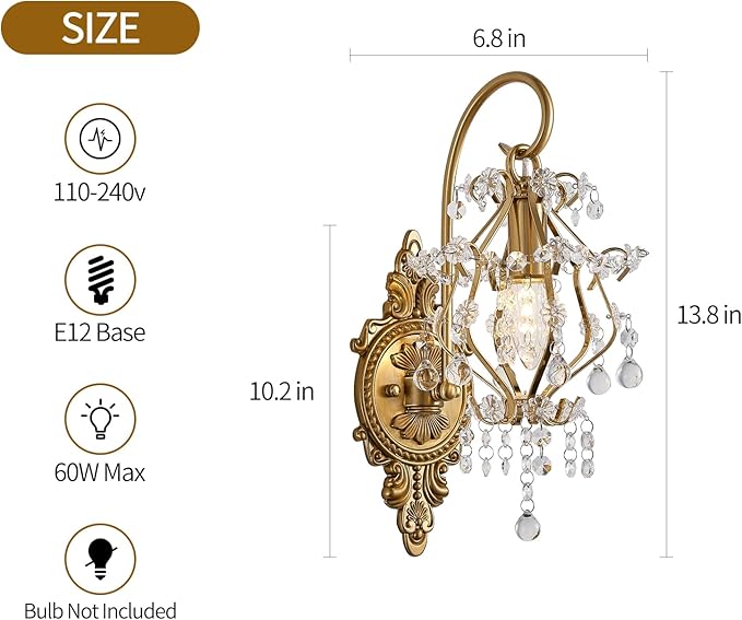Gold Crystal Vintage Wall Sconces Set of 2 Indoor Hardwired Wall Light Fixture, Modern Wall Mount Lamp Light for Bedroom Living Room Bathroom Vanity Light Hallway Light Fixture Decor LED E12