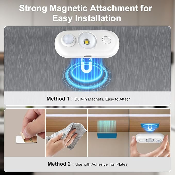 LED Motion Sensor Puck Lights, Magnetic Rechargeable Under Cabinet Lighting, Wireless Battery Operated Closet Light, Dimmable Under Counter Lights for Kitchen Stairs Hallway, Warm White, 4Pack, White