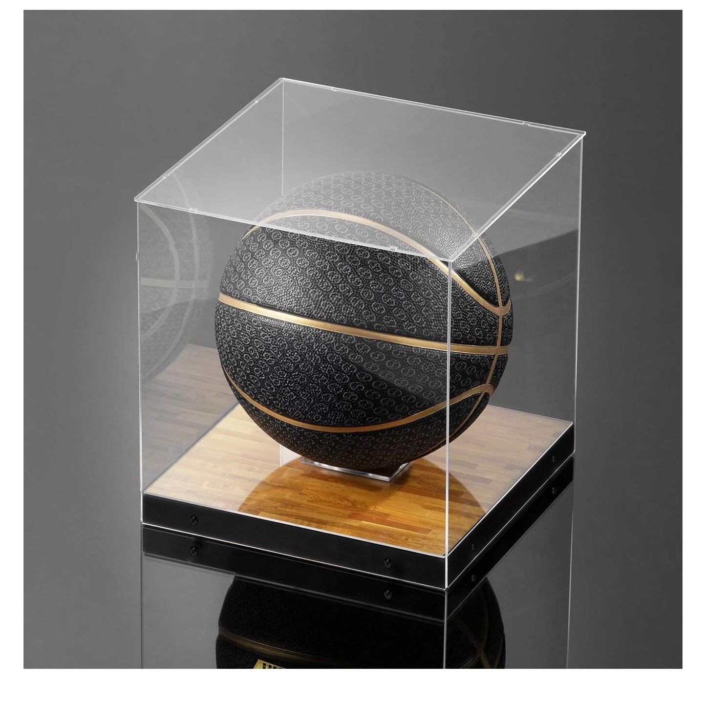 J JACKCUBE DESIGN Basketball Display Case Stand with Wooden Base, Clear Storage for Collectible Sports Memorabilia Holder Cube Case, Autograph Ball Standing Display, Floor (Printing) - MK342SS