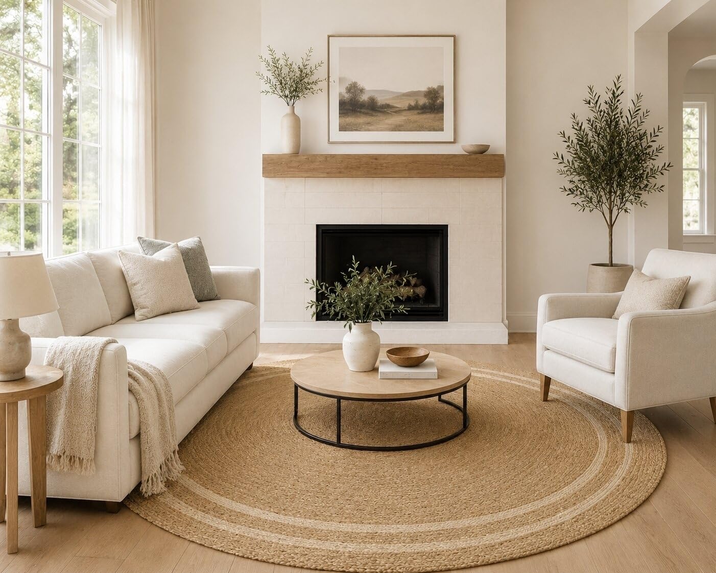 GRUHUM Handwoven 3ft Jute Area Rug- Natural Fiber Cotton Round Boho Farmhouse Rustic Vintage Soft Braided Reversible Eco-Friendly Rugs-Indoor Kitchen Bedroom Living Room Hallways (3' ft Round)